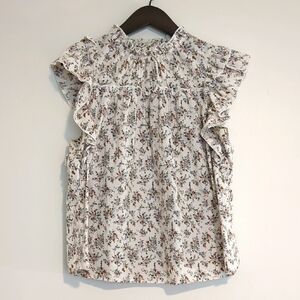 Pretty Floral Ruffle Sleeve Blouse High Neck M 100% Cotton